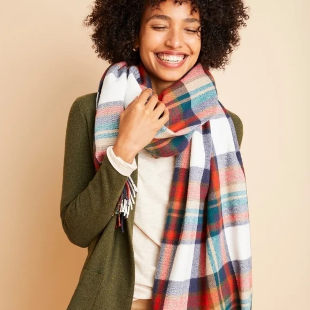 EUC J Crew Cabincore Juniper White Plaid Scarf - Picture 1 of 15
